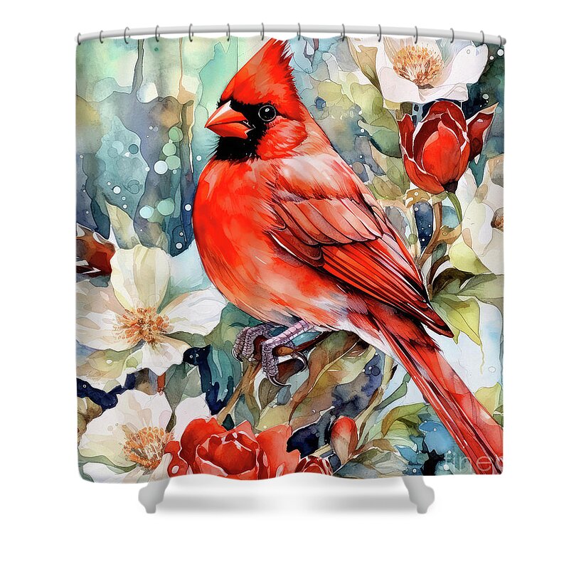 Northern Cardinal Shower Curtain featuring the painting Red Cardinal In The Roses by Tina LeCour
