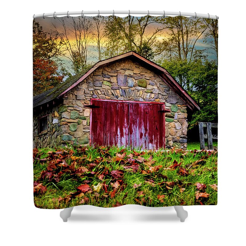 Barns Shower Curtain featuring the photograph Red Door Barn Farm Creeper Trail in Autumn Fall Colors Damascus by Debra and Dave Vanderlaan
