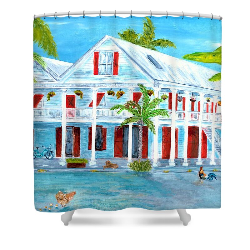 Conch House Shower Curtain featuring the painting Red Doors Inn by Linda Cabrera