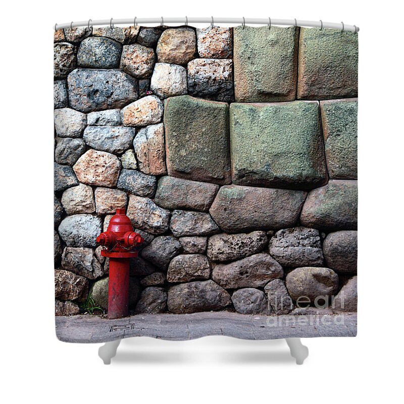 Fire Hydrant Shower Curtain featuring the photograph Red Fire Hydrant and Inca Wall Cusco Peru by James Brunker