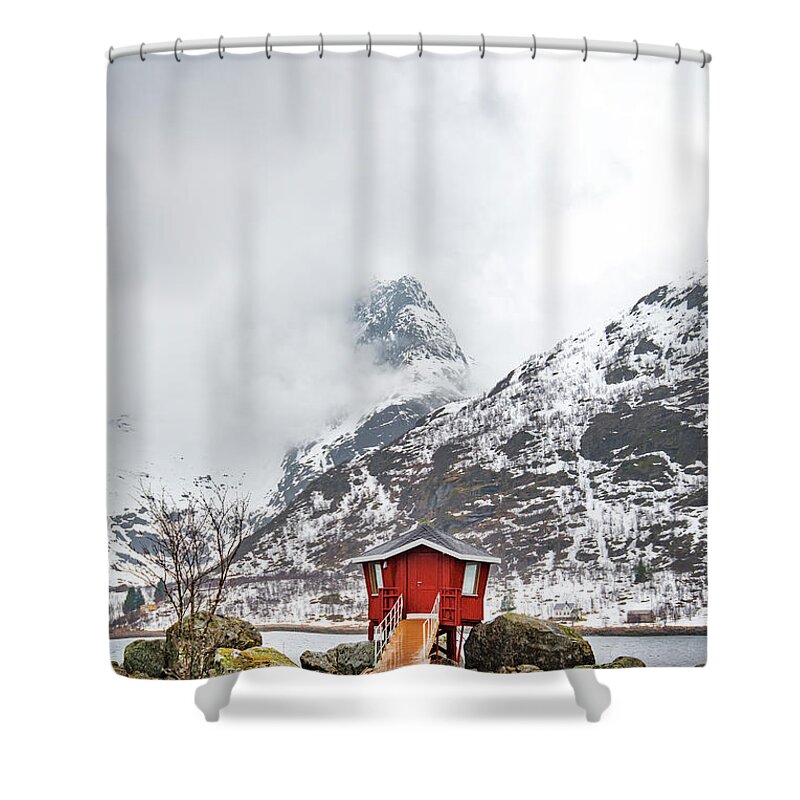 #norway #lofoten #landscape #nature #cabin #mountain #outdoor #snow Shower Curtain featuring the photograph Red Hot Spot by Philippe Sainte-Laudy
