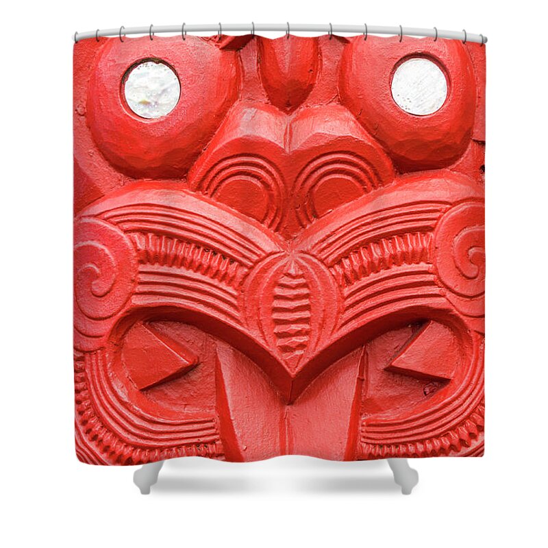 Rotorua Shower Curtain featuring the photograph Red Maori carving, Whakarewarewa, New Zealand by Neale And Judith Clark