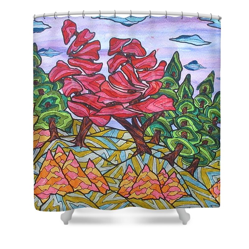 Trees Tree Landscape Abstract Ontario Canada Decor Decrotive Office Group Of Seven Red Mask Pillow Cushion Outdoors Woods Forrest Shower Curtain featuring the painting Red Maple Ridge by Bradley Boug