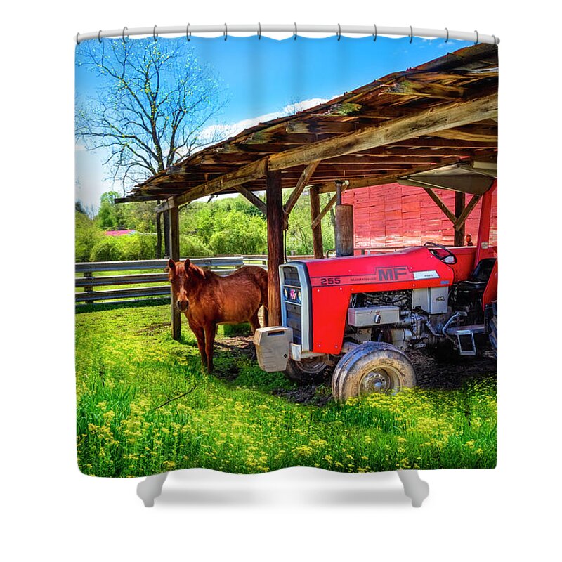 255 Shower Curtain featuring the photograph Red Massey Ferguson Tractor at the Farm by Debra and Dave Vanderlaan