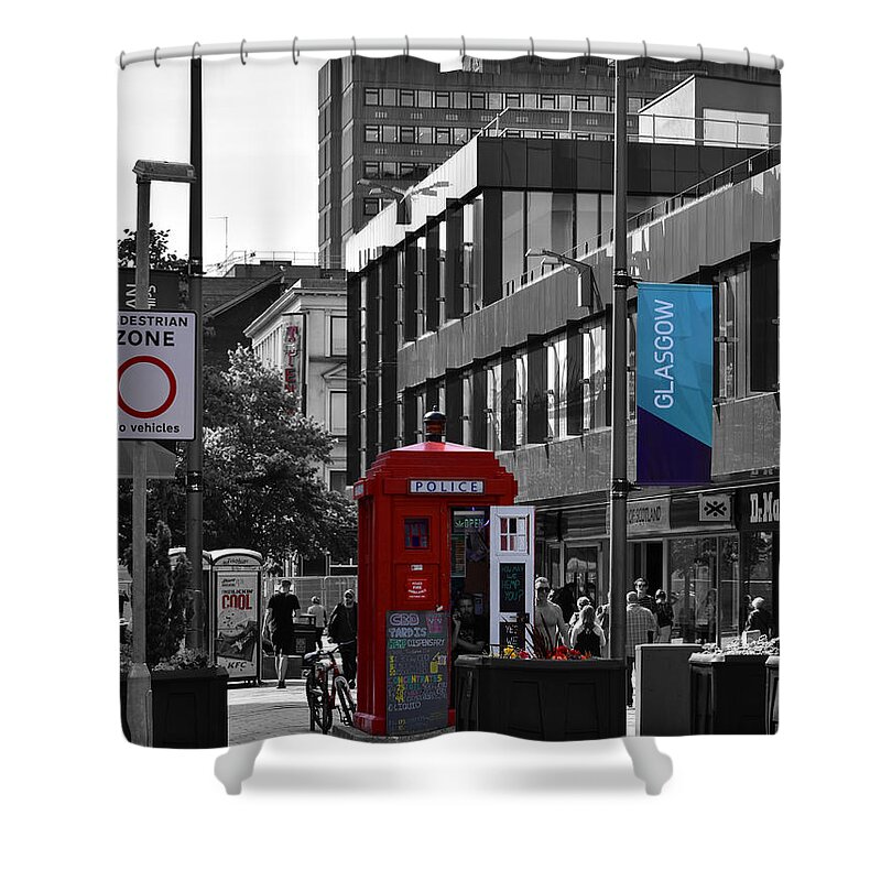 Red Police Box Shower Curtain featuring the photograph Red Police Box, Glasgow by Yvonne Johnstone