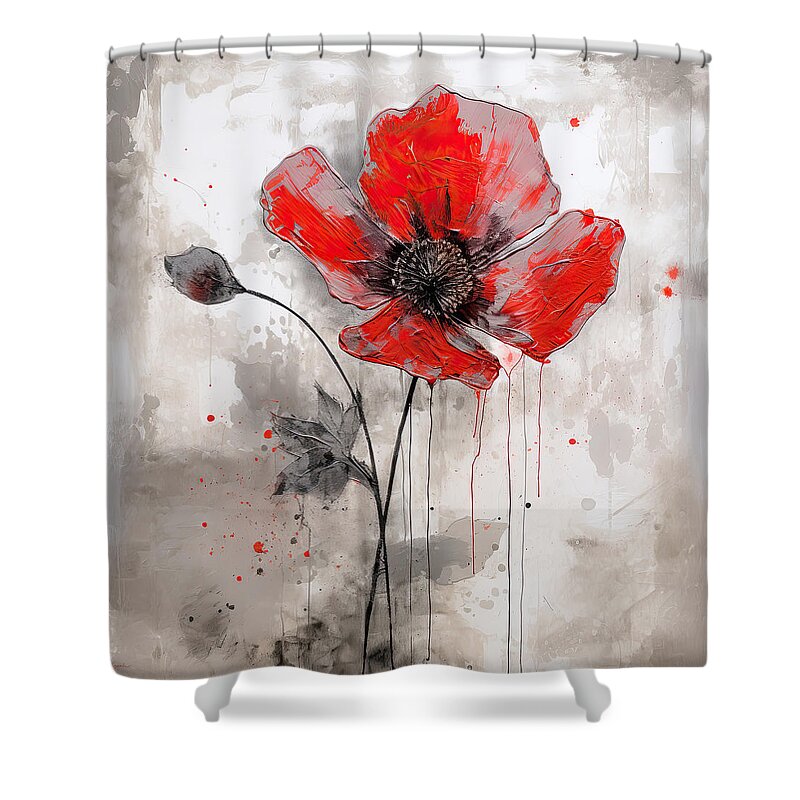 Red And Gray Shower Curtain featuring the painting Red Poppies in Shades of Gray - A Modern Interpretation by Lourry Legarde