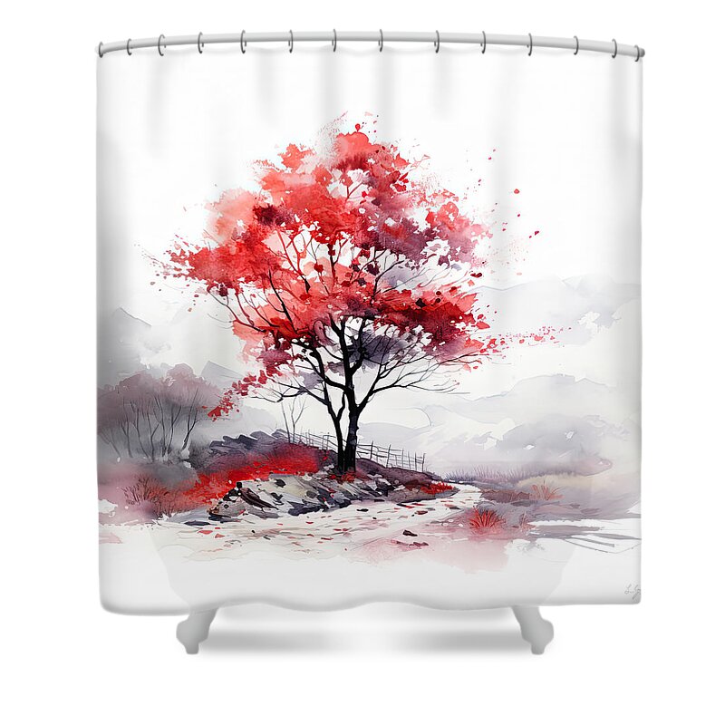 Red And Gray Shower Curtain featuring the painting Red Reign - Red and Gray Landscape by Lourry Legarde