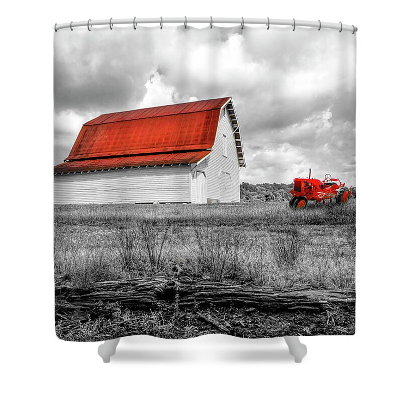 Red Shower Curtain featuring the photograph Red Roof Barn and Red Tractor Black and White and Red by Debra and Dave Vanderlaan