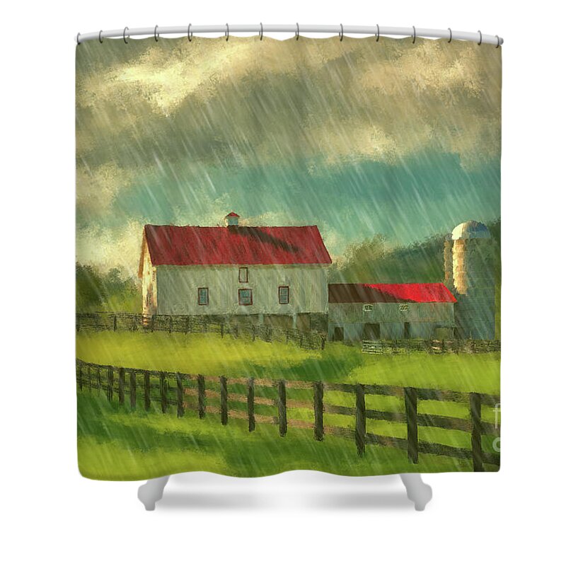 Barn Shower Curtain featuring the digital art Red Roof Barn In Spring Rain by Lois Bryan