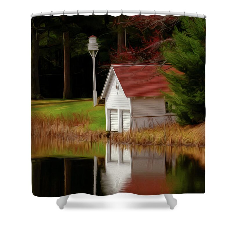 Red Roof Boat House Shower Curtain featuring the photograph Red Roof Boat House by Sandra J's