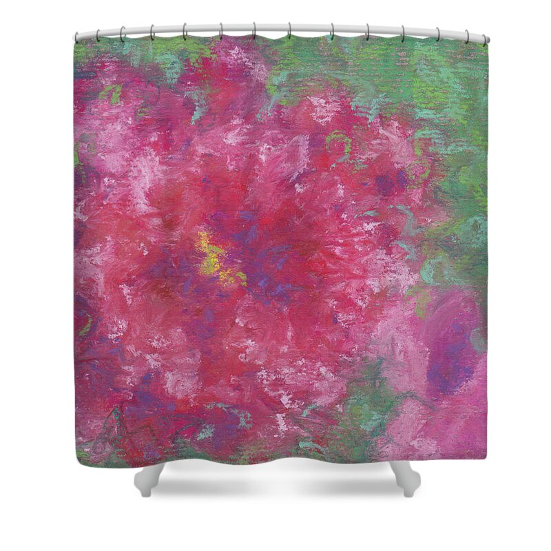 Roses Shower Curtain featuring the pastel Red Roses at the Pond 1 by Anne Katzeff