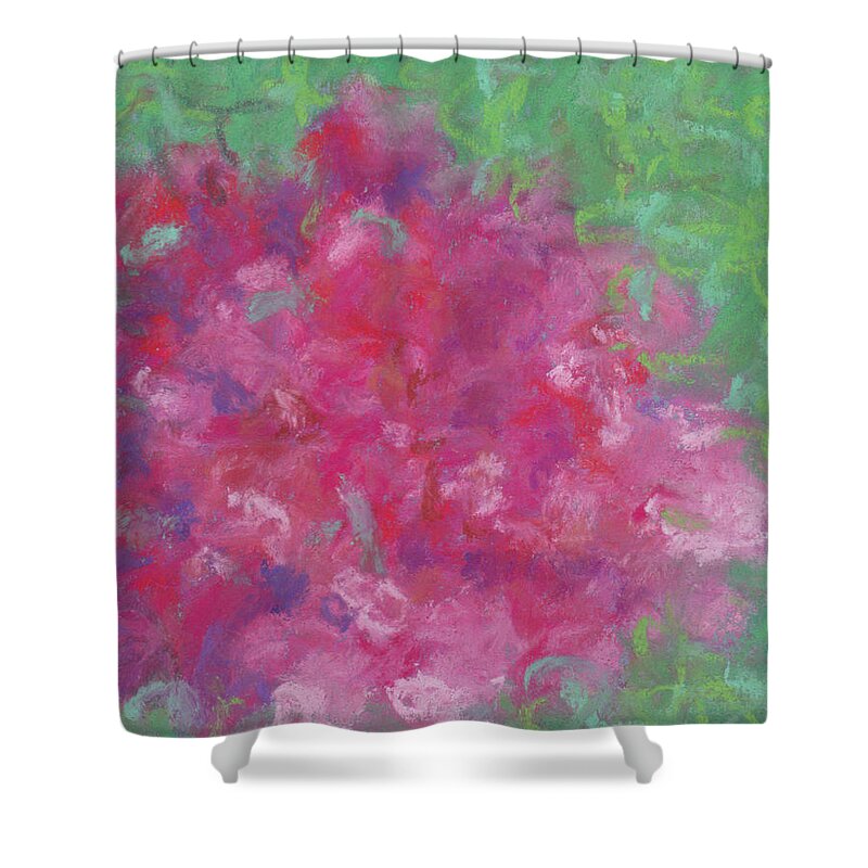 Roses Shower Curtain featuring the pastel Red Roses at the Pond 2 by Anne Katzeff