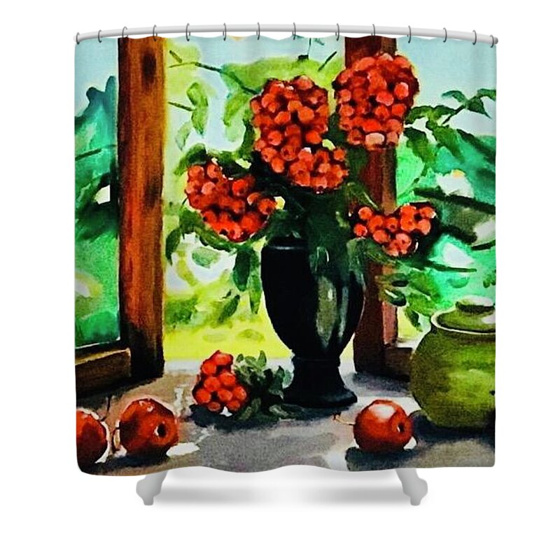 Art Shower Curtain featuring the painting Red rowan berries by Lana Sylber