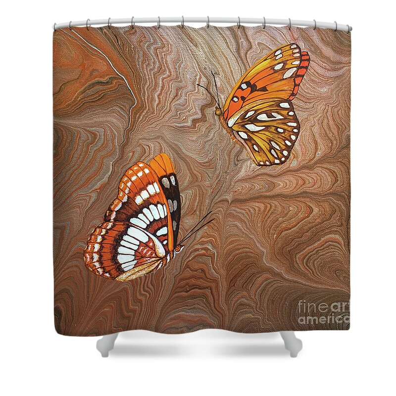 California Butterflies Shower Curtain featuring the painting Red Sandstone and CA Butterflies by Lucy Arnold