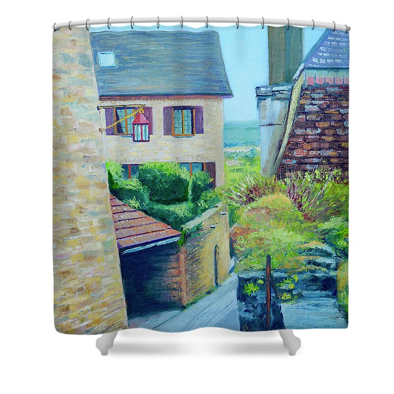 France Shower Curtain featuring the painting Red Street Lamp in Beynac et Cazenac, France by Dai Wynn