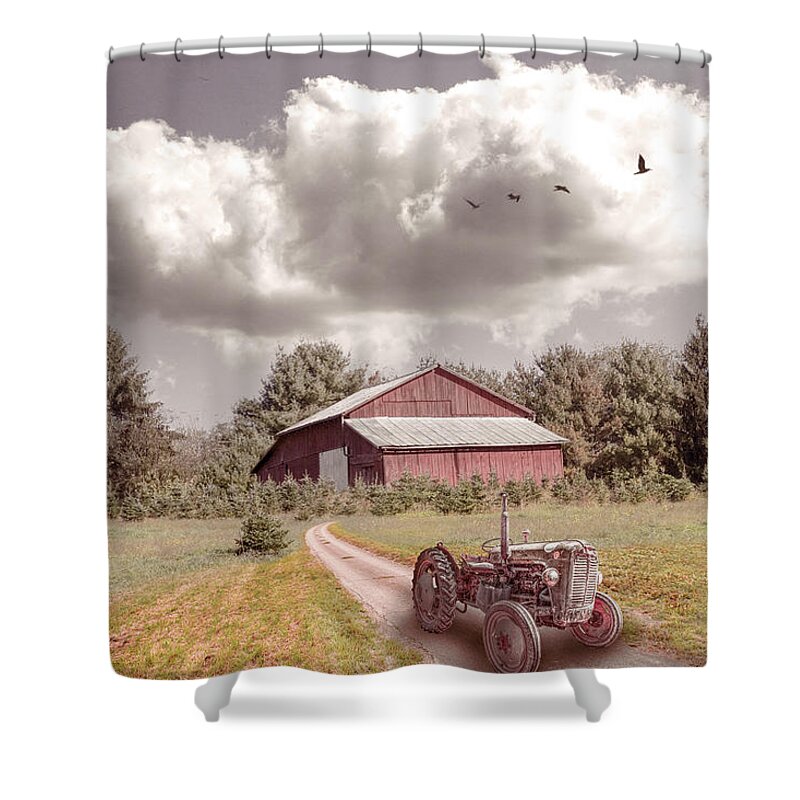 Barn Shower Curtain featuring the photograph Red Tractor on the Farmhouse Trail by Debra and Dave Vanderlaan