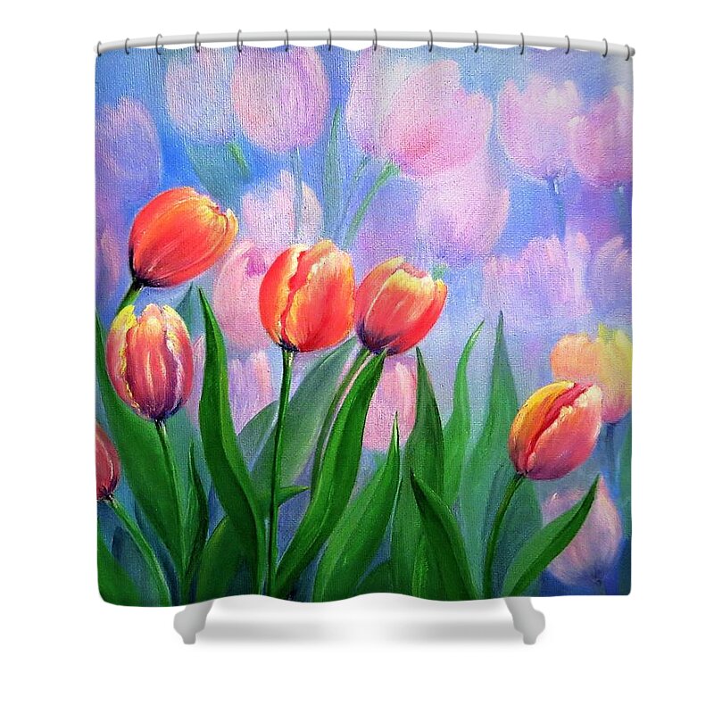 Wall Art Home Decor Flower Tulips Red Tulips Gift For Her Home Decoration Gallery Art Shower Curtain featuring the painting Red Tulips by Tanya Harr