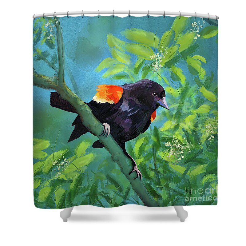 Bird Shower Curtain featuring the digital art Red-Winged Blackbird On Display by Lois Bryan