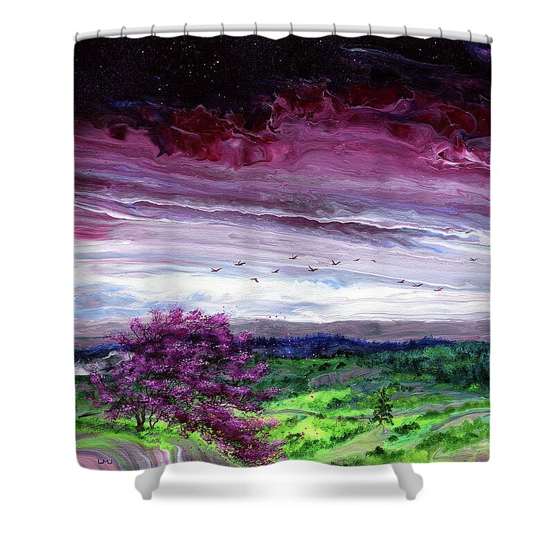 Redbud Shower Curtain featuring the painting Redbud Tree Over a Twilight Vista by Laura Iverson