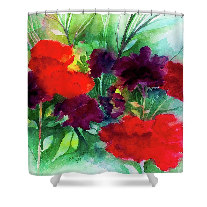 Flowers Shower Curtain featuring the painting Reds and Purples by Lee Beuther