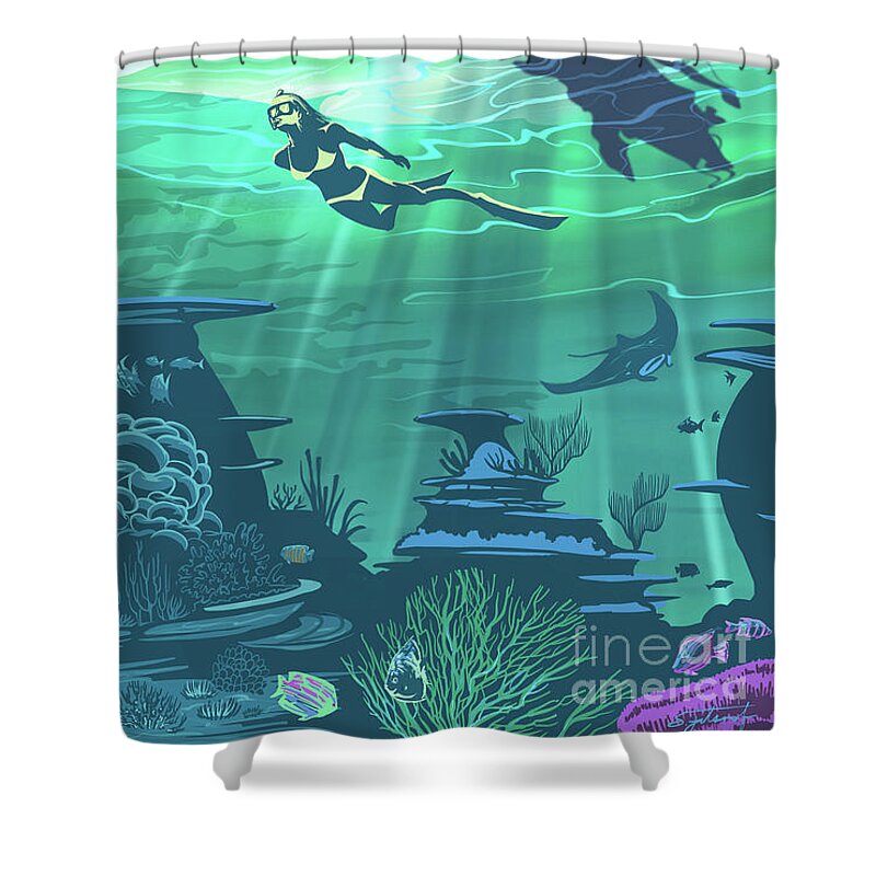Reef Shower Curtain featuring the painting Reef Diver by Sassan Filsoof