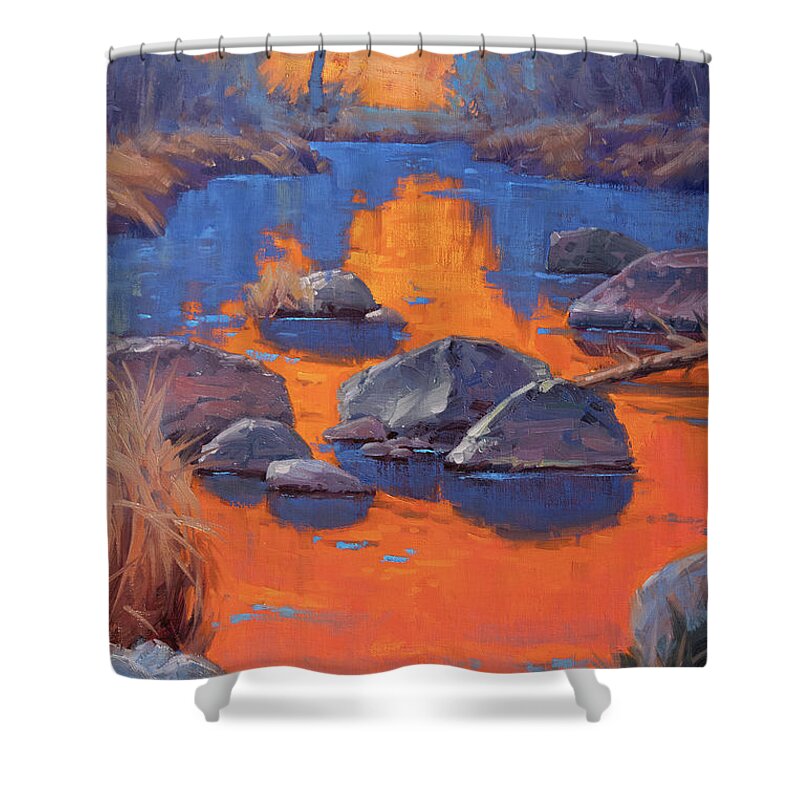 Reflections Shower Curtain featuring the painting Reflections in Orange and Blue by Cody DeLong
