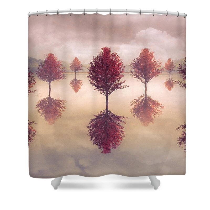 Carolina Shower Curtain featuring the digital art Reflections on a Peaceful Autumn Morning by Debra and Dave Vanderlaan