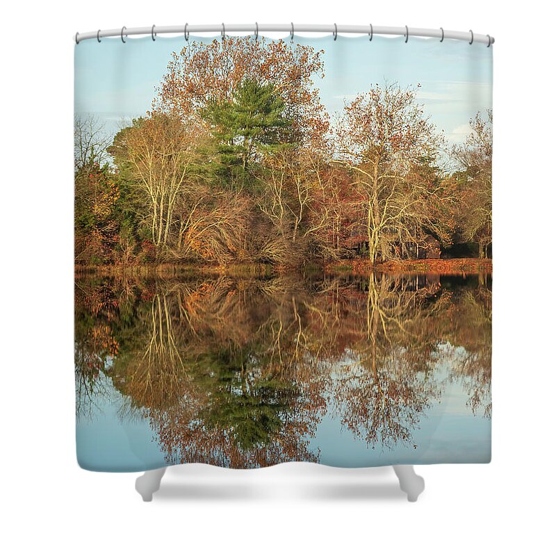 Autumn Shower Curtain featuring the photograph Reflections on Batsto Lake by Kristia Adams
