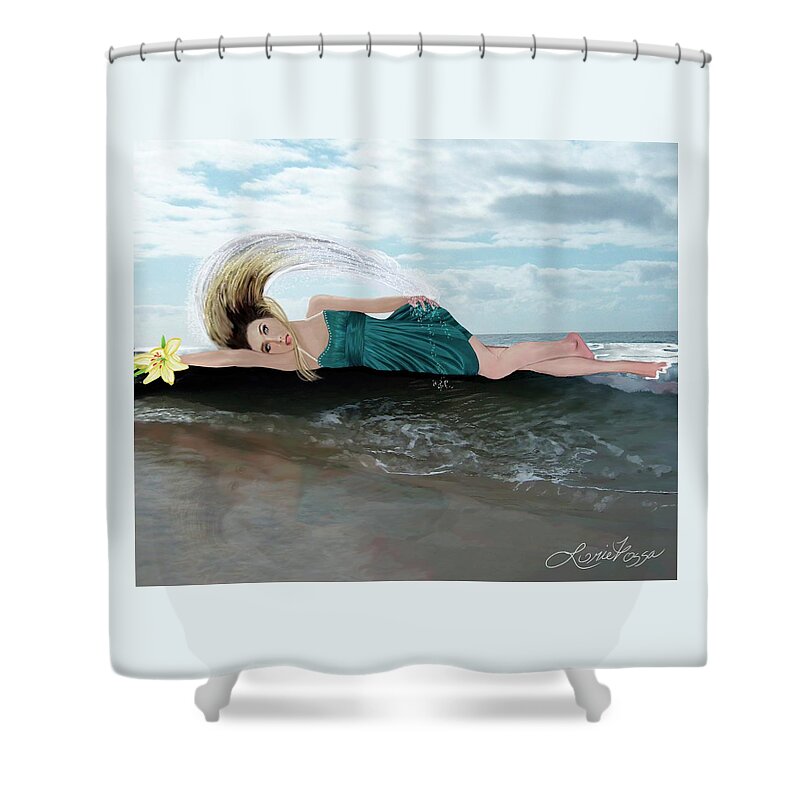 Beach Waves Fashion Water Flowing Hair Fashion Woman’s Art Contemporaryart Shower Curtain featuring the mixed media Reflections on the Beach by Lorie Fossa