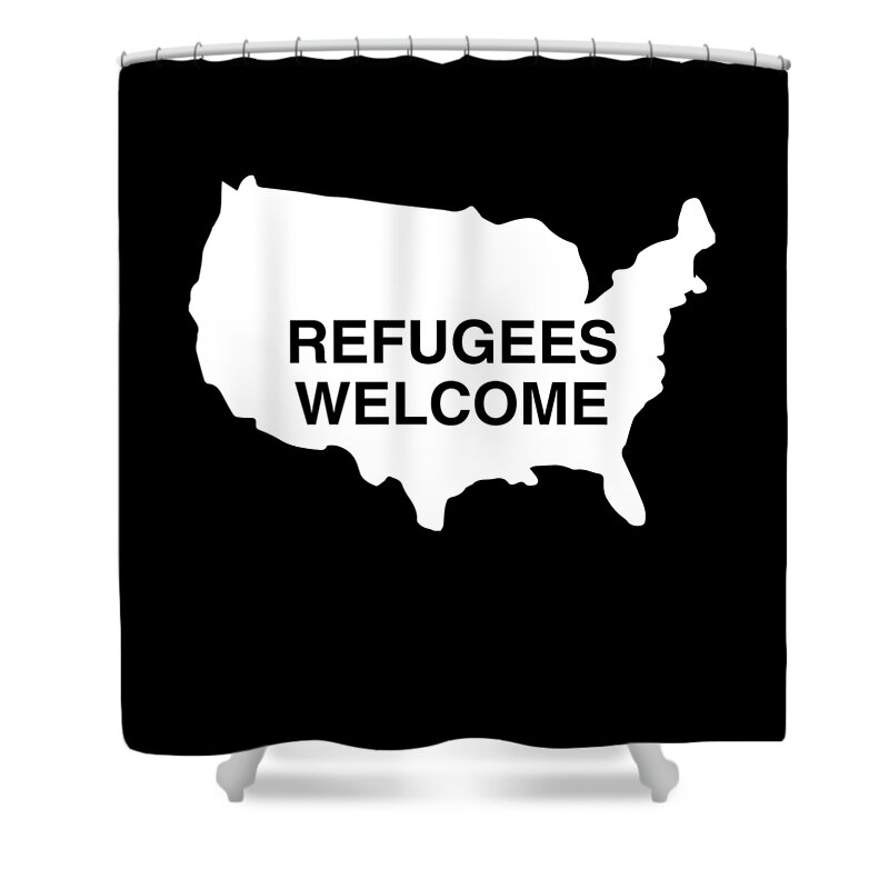 Funny Shower Curtain featuring the digital art Refugees Welcome USA by Flippin Sweet Gear