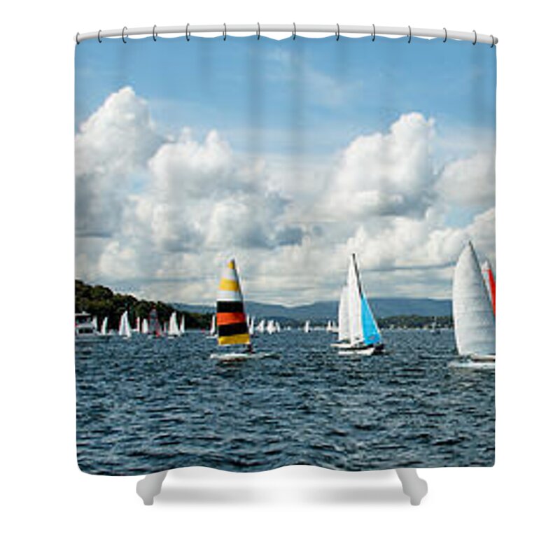 Kids Shower Curtain featuring the photograph Regatta Panorama. Children Sailing small sailboats, Catamarans, with colourful sails. Australia. Commercial use image. by Geoff Childs
