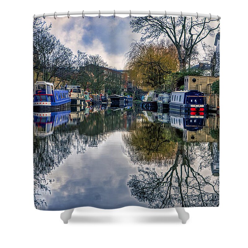 Wall Art Shower Curtain featuring the photograph Regents Canal Reflections by Raymond Hill