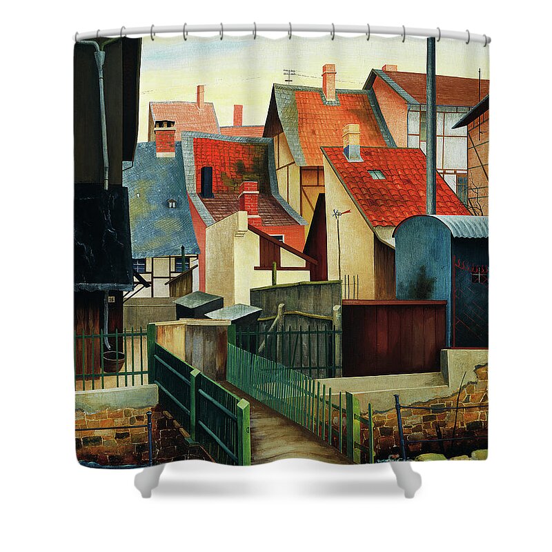Wingsdomain Shower Curtain featuring the painting Remastered Art At The Breeding by Rudolf Wacker 20220107 by Rudolf Wacker