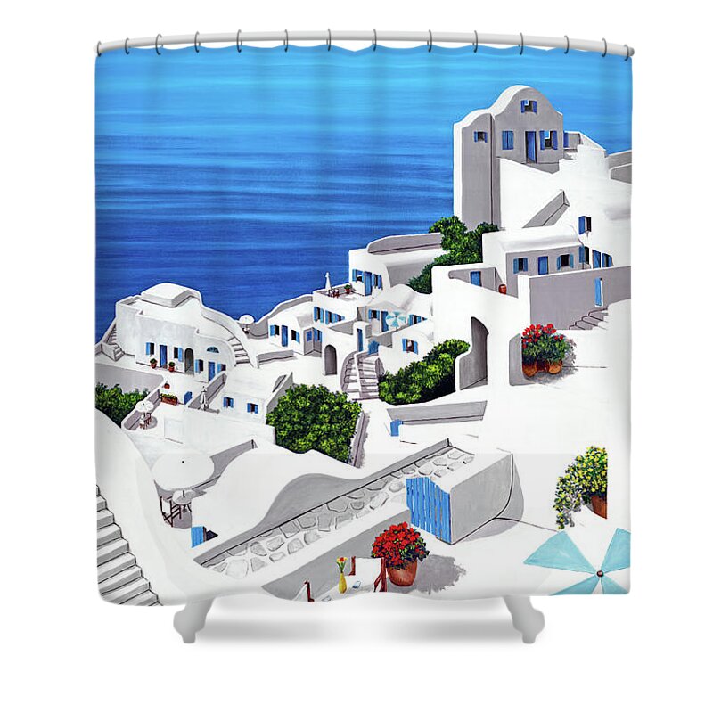 Santorini Shower Curtain featuring the painting Remembering Santorini-prints original view by Mary Grden