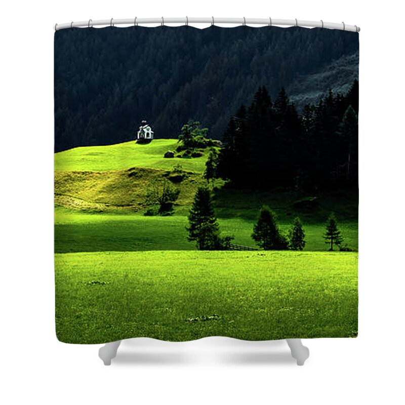 Abandoned Shower Curtain featuring the photograph Remote Chapel In Rural Landscape At Mountain Grossvenediger In Tirol In Austria by Andreas Berthold