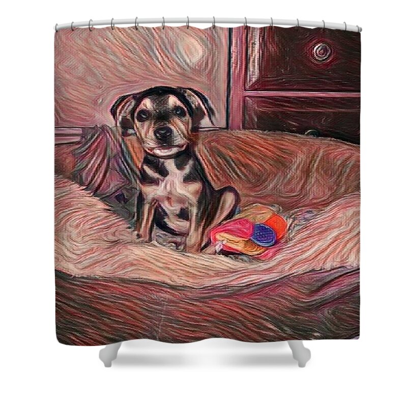  Shower Curtain featuring the mixed media Rescued Puppy by YoMamaBird Rhonda