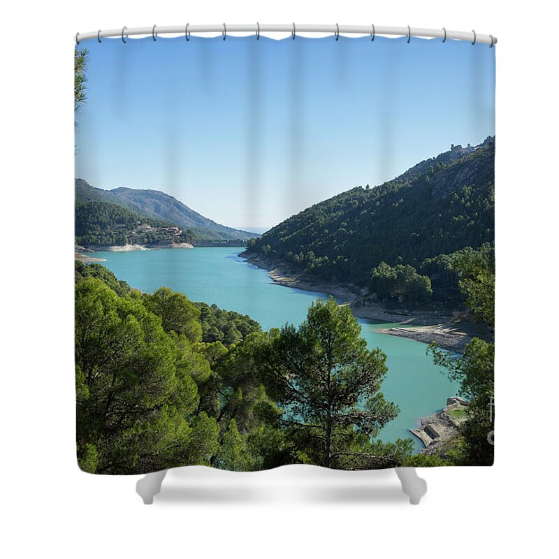 Lake Shower Curtain featuring the photograph Reservoir and castle of Guadalest by Adriana Mueller
