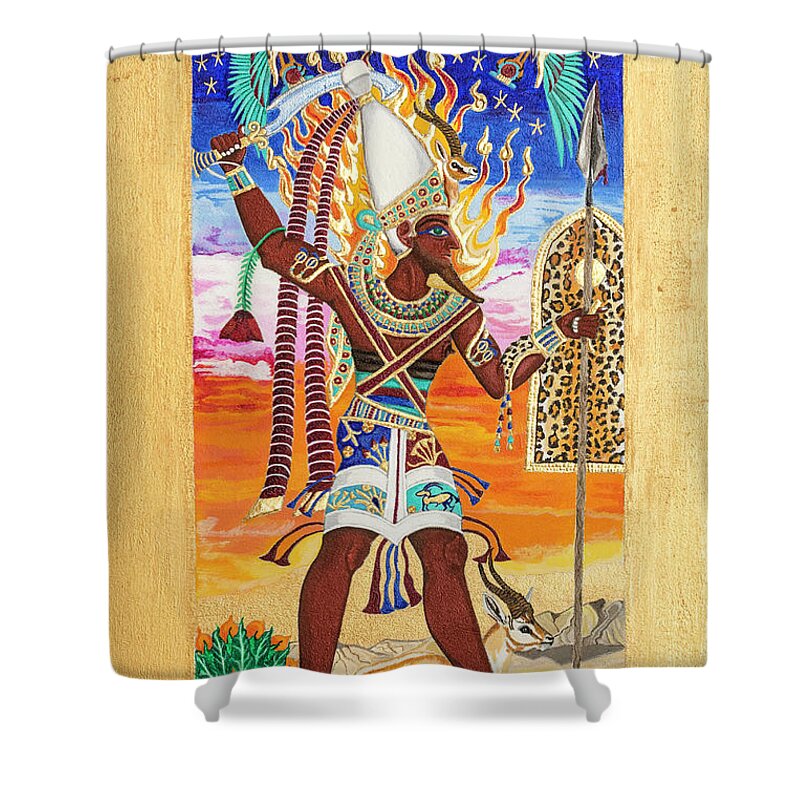 Reshpu Shower Curtain featuring the mixed media Reshpu Lord of Might by Ptahmassu Nofra-Uaa