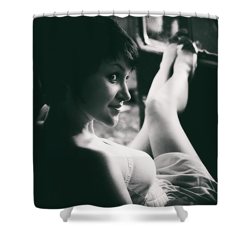 #instagram #beauty #retro #car #auto #pobeda #ua #girl #edgalagand #galagan #drive #edwardgalagan #fashion #pinup #vintage #top #victory #nederland #dutch #netherlands #holland #driver #schoonheid #drijven #mode #victorie Shower Curtain featuring the photograph Rest In The Car by Edward Galagan