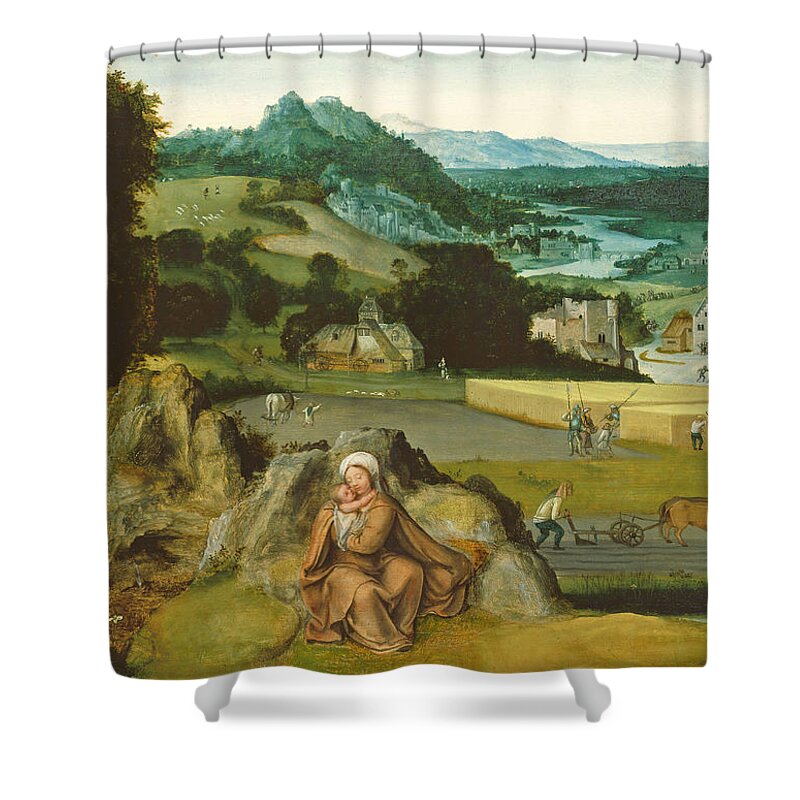 Joachim Patinir Shower Curtain featuring the painting Rest on the Flight into Egypt and the Miraculous Field of Wheat by Joachim Patinir