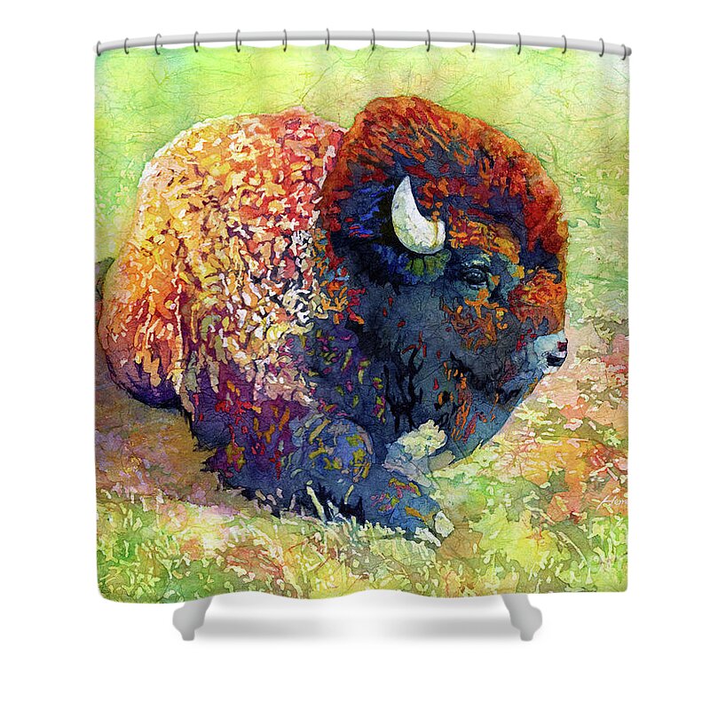 Bison Shower Curtain featuring the painting Resting Bison-pastel colors by Hailey E Herrera