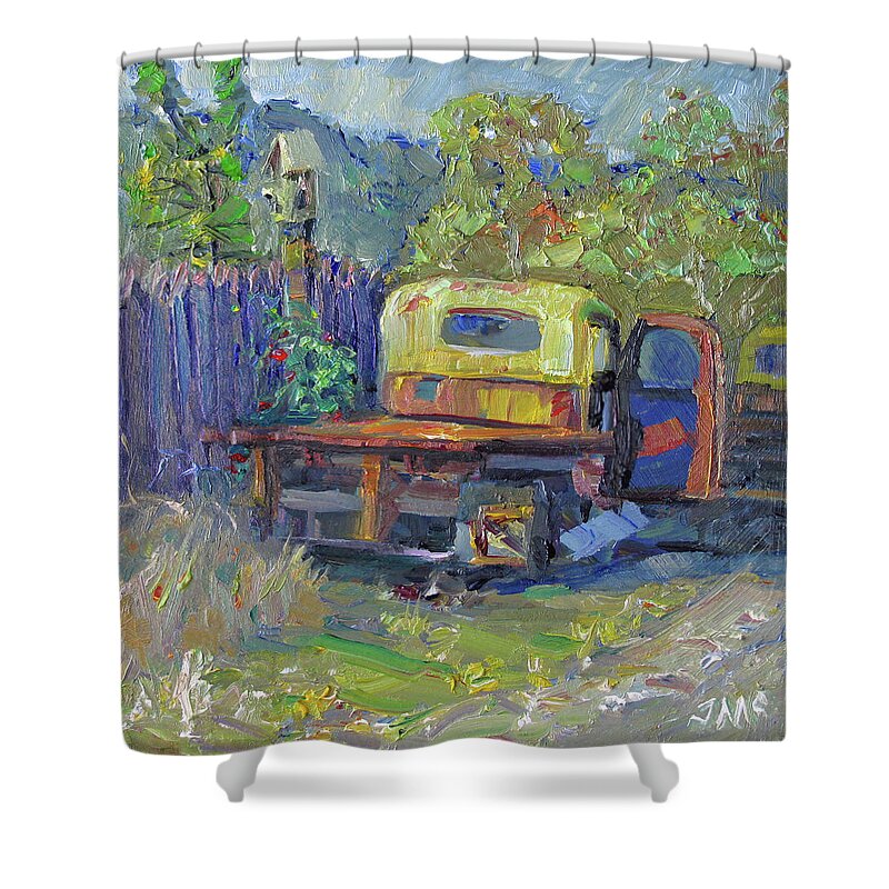 Antique Truck Shower Curtain featuring the painting Retired by John McCormick