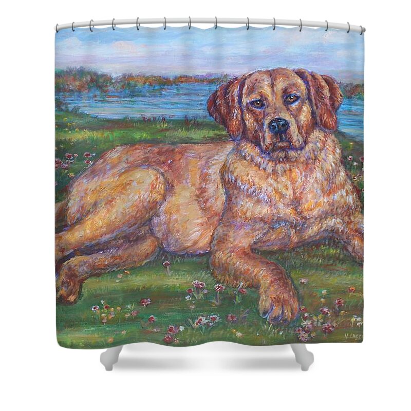 Dog Shower Curtain featuring the painting Retriever Dog At The River by Veronica Cassell vaz