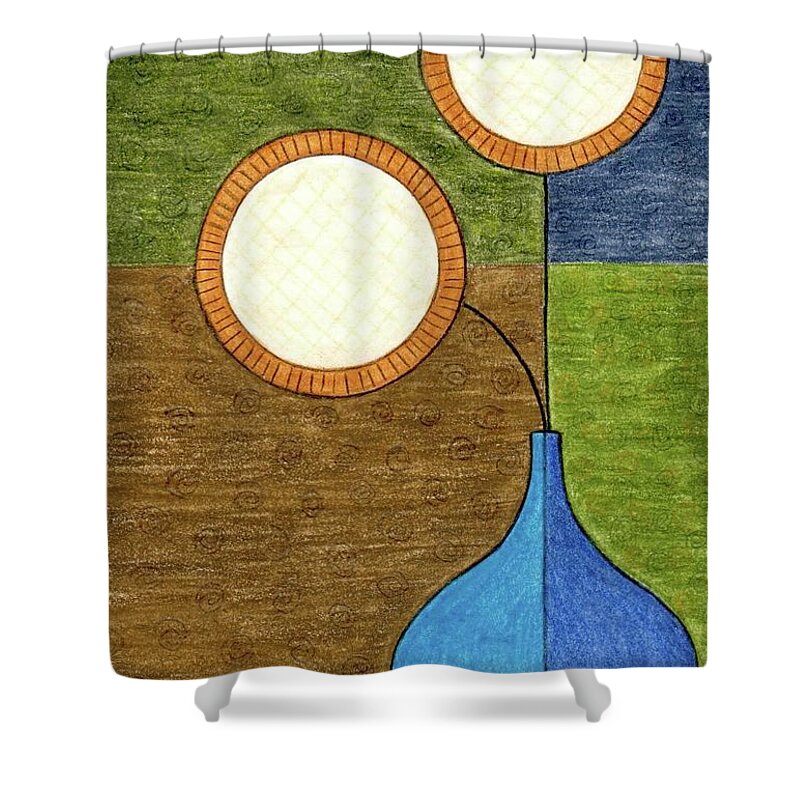 Mid Century Modern Abstract Vase With Flowers Shower Curtain featuring the mixed media Retro Abstract Vase with Two Mod Flowers by Donna Mibus