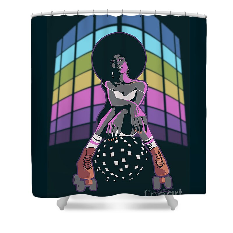 Roller Skate Shower Curtain featuring the painting Retro Disco Roller Queen by Sassan Filsoof