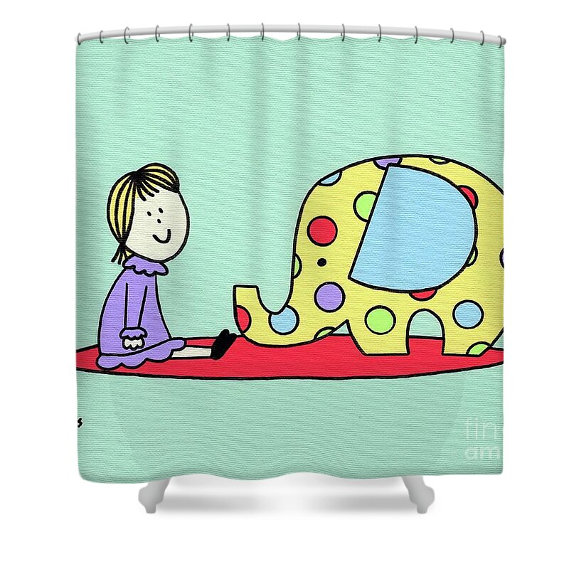Mid Century Modern Doll Shower Curtain featuring the painting Retro Doll with Polka Dot Elephant by Donna Mibus