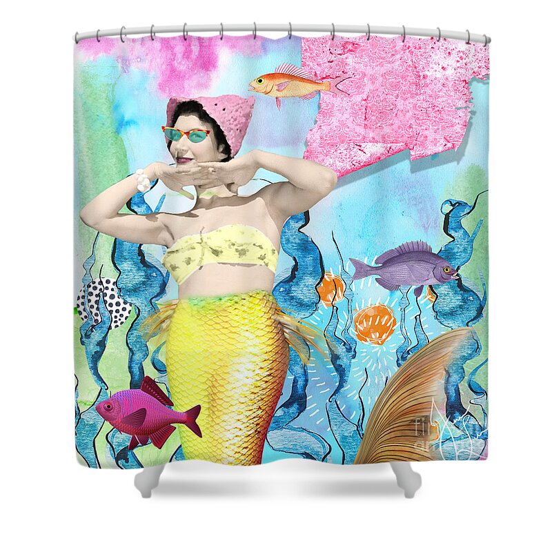 Digital Collage Shower Curtain featuring the digital art Retro Mermaid by Janice Leagra