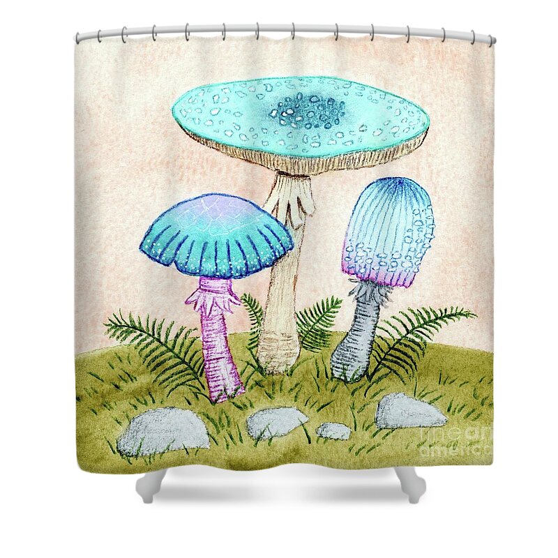 Retro Mushrooms Shower Curtain featuring the painting Retro Mushrooms 2 by Donna Mibus