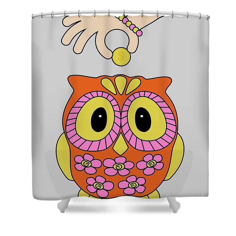 Retro Shower Curtain featuring the digital art Retro Owl Piggy Bank by Donna Mibus