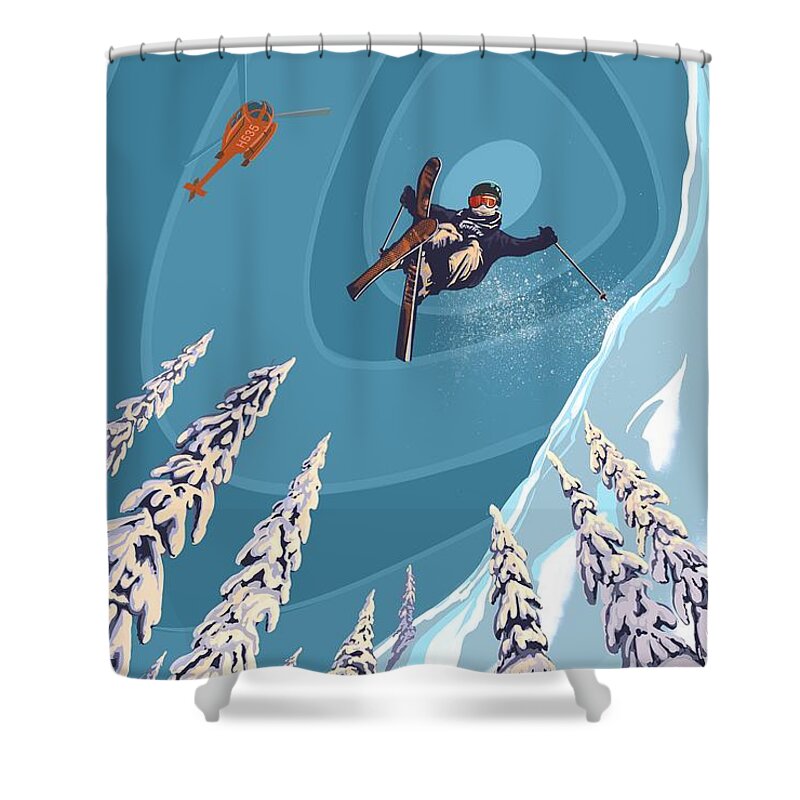 Retro Ski Art Shower Curtain featuring the painting Retro Ski Jumper Heli Ski by Sassan Filsoof
